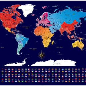 Póster del mapa del mundo Scratch Off + Mapa GRATIS de Europa, accesorios y tubo de regalo / Mapa detallado con puntos de referencia, banderas y hermosos colores