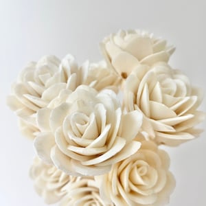 Può includere: Un mazzo di sei rose bianche in legno di sola. Le rose sono disposte a grappolo, con i petali che si sovrappongono. Le rose sono fatte di un materiale leggero e naturale, spesso utilizzato nell'artigianato e negli arrangiamenti floreali.