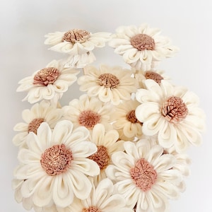 Könnte beinhalten: Ein Strauß weißer Sola-Holzblumen mit rosafarbenen Zentren. Die Blumen sind in einem Cluster angeordnet und haben ein zartes, geschichtetes Aussehen.