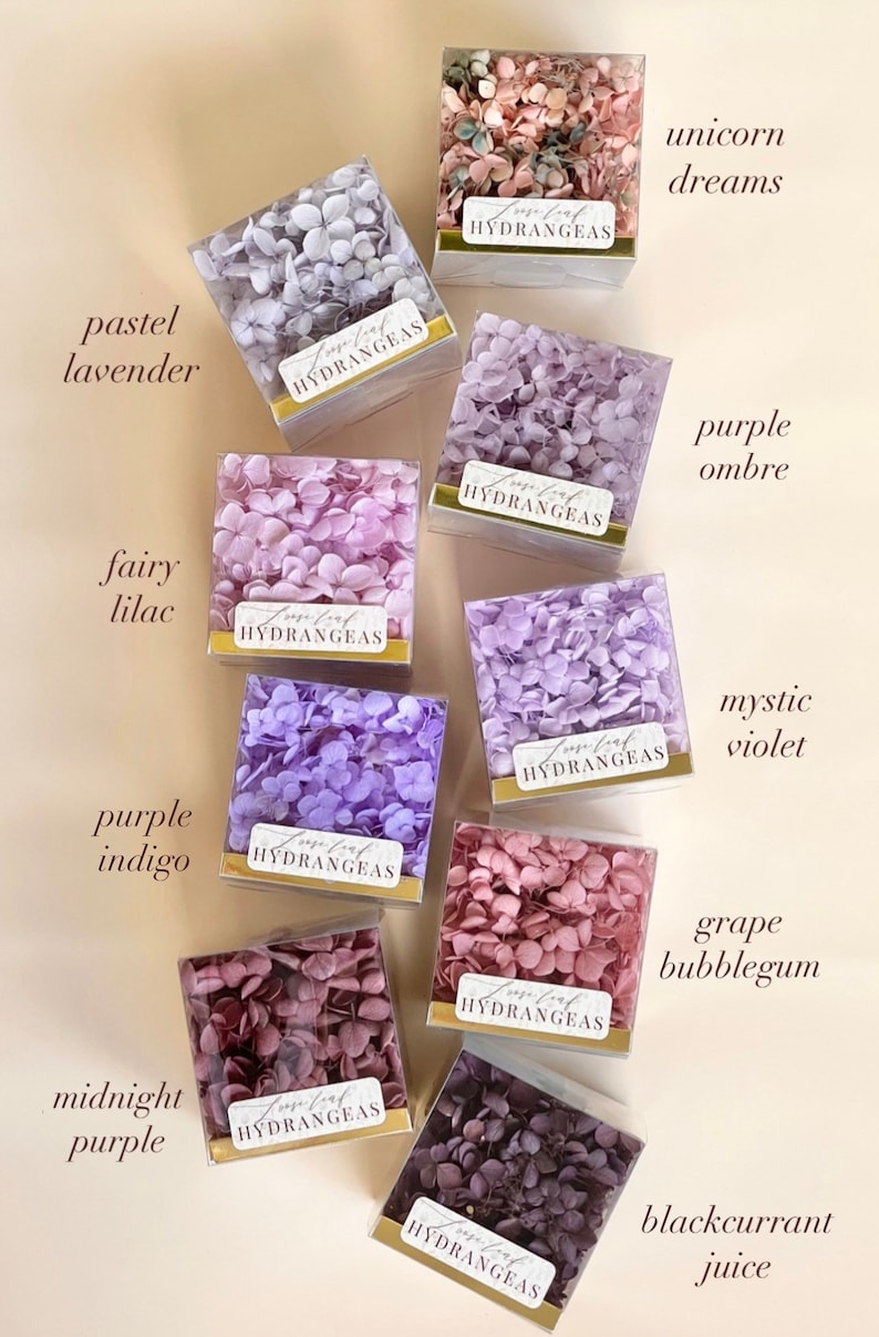 May include: An assortment of dried hydrangea flower petals in various shades of purple, pink, and lavender, displayed in clear square boxes with gold trim and the label "Loose Leaf Hydrangeas". Each box is labelled with a descriptive name, such as "Unicorn Dreams", "Purple Ombre", and "Mystic Violet".