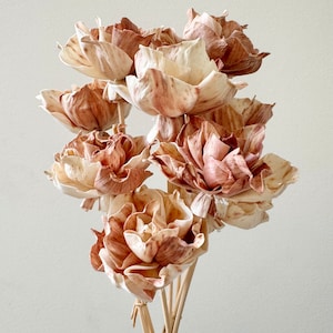 May include: A bouquet of dried flowers in shades of brown and cream. The flowers are arranged in a vase and have a rustic, natural look.