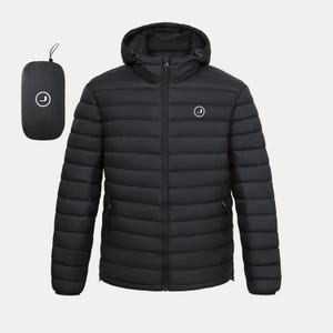 May include: Black hooded puffer jacket with a zipper closure and a small circular logo on the chest. A matching black carrying bag is included. The jacket is designed with horizontal stitching.