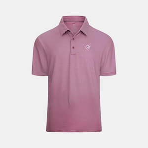May include: A short-sleeved polo shirt in a burgundy and white striped pattern. The shirt has a collared neckline, a three-button placket, and a small white logo on the chest. The shirt is made of a lightweight material.
