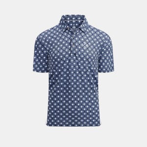 May include: Navy blue polo shirt with a white geometric pattern. The short-sleeved shirt has a button-up collar and a small logo on the chest. The shirt is made of a lightweight material.