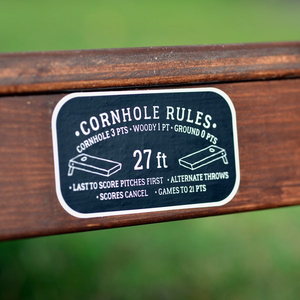 Cornhole Rules Sticker Set of 2 - Bag Toss Game Backyard Quick Rule Decal - Fits 1x3 and 2x4 Constructed Boards