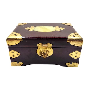 Vintage Chinese Rosewood Jewelry Box With Brass and Jade Accents & Red Lining