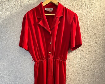 Vintage Pantel Red Pleated Dress, Size 7, Shoulder Pads