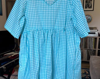 Homemade Gingham Sky Blue Babydoll Dress with Pockets | Women's Size Medium | Upcycled Clothing