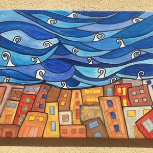 May include: A colorful painting of a city skyline with blue waves in the sky. The buildings are in shades of orange, yellow, and brown. The waves are outlined in white and have a swirling pattern.