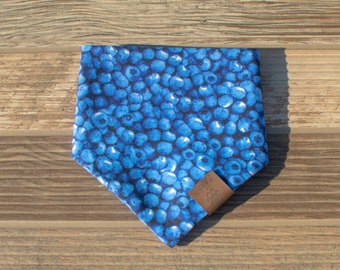 May include: Blue bandana with a blueberry print and a brown leather tag that says "Pawsitive"