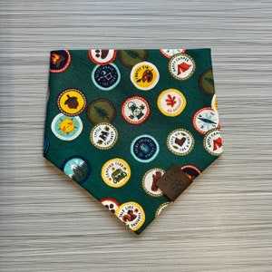 May include: Green bandana with a pattern of colorful camping-themed badges. The badges feature illustrations of a campfire, a compass, a lantern, a bear, a squirrel, and more. The bandana has a brown leather tag with the text "Crafty Dog" in white.