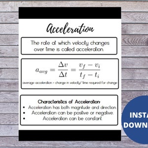 Acceleration Formulas Science, Physics, and Math Educational Classroom Decor Poster Printable