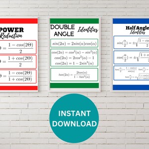 Puede incluir: Tres carteles imprimibles con bordes rojos, verdes y azules. Los carteles contienen identidades trigonométricas para la reducción de potencia, el ángulo doble y el ángulo medio. Los carteles tienen el texto "POWER Reduction", "DOUBLE ANGLE Identities" y "Half Angle Identities".