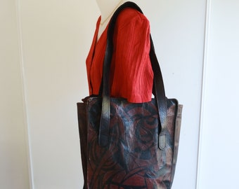 Vintage 90s Burgundy Tooled Leather Shopper Tote Bag