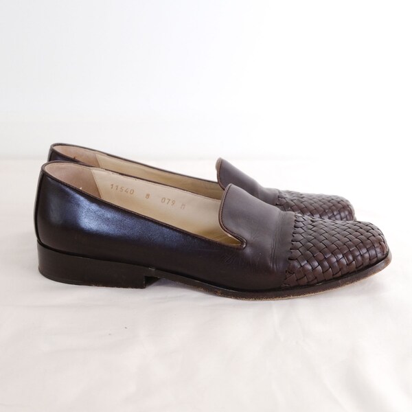 Vintage 90s Saddle Brown Leather Woven 'Joan Davis' Loafers - 8/38