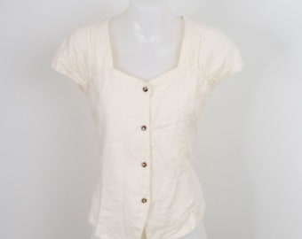 Vintage 80s Cream 'Mariko and Swan' Sweetheart Neck Blouse - 12-14