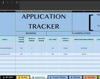 Medical School Application Tracker Excel Template Sheet Pack Best Spreadsheet on Etsy for AMCAS, AACOMAS, and TMDSAS for pre meds