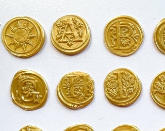 Hand-stamped Gold Wax Seal Pack of 50 [One of a kind, Self-Adhesive, Gold, Fancy, Serif Letter, Flexible]
