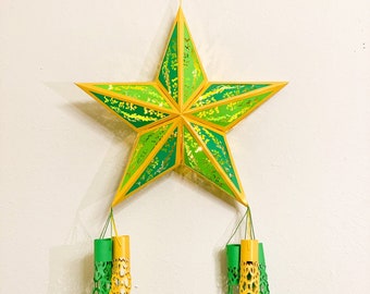 Lighted Filipino Christmas Parol Paneled 2ftx1ft Green, Intricate, Environmentally-friendly, Battery-powered LED, Paper, Baybayin Lantern