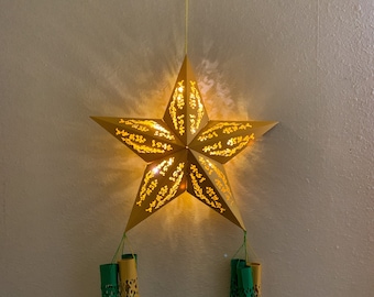 Lighted Filipino Christmas Parol Solid 2ftx1ft Gold/Green, Intricate, Environmentally-friendly, Battery-powered LED, Paper, Baybayin Lantern