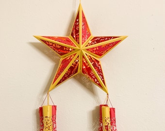 Lighted Filipino Christmas Parol Paneled 2ftx1ft Red/Gold, Intricate, Environmentally-friendly, Battery-powered LED, Paper, Baybayin Lantern