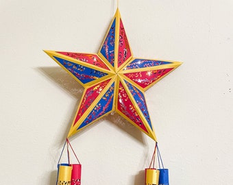 Lighted Filipino Christmas Parol Paneled 2ftx1ft Red/Blue, Intricate, Environmentally-friendly, Battery-powered LED, Paper, Baybayin Lantern