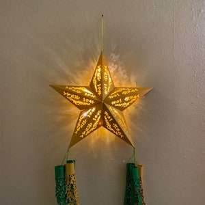 Lighted Filipino Christmas Parol Solid 2ftx1ft Gold/Green, Intricate, Environmentally-friendly, Battery-powered LED, Paper, Baybayin Lantern
