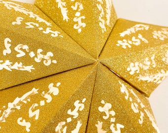 Lighted Filipino Christmas Parol Solid, Glitter Variety/Gold, 2ftx1ft, Intricately cut, Battery LED, Paper, Baybayin Lantern