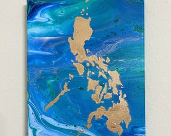 Dreamy Ocean, Golden Philippines Painting 10x8 in[Philippine Islands Painting, Filipino Wall Art, Filipino Painting, Philippine Map Art]