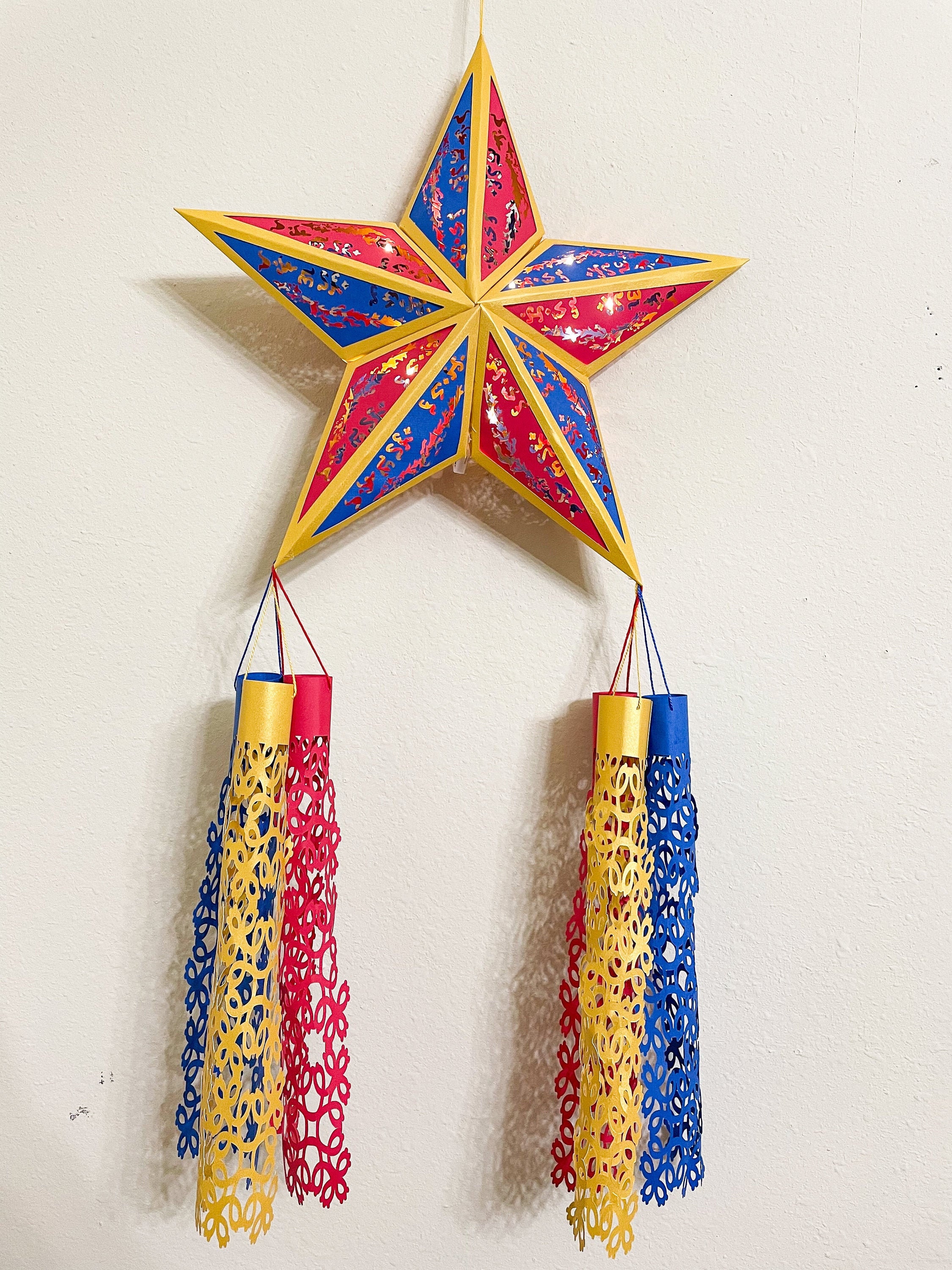 Lighted Filipino Christmas Parol Paneled 2ftx1ft Red/Blue, Intricate, Environmentally-friendly, Battery-powered LED, Paper, Baybayin Lantern