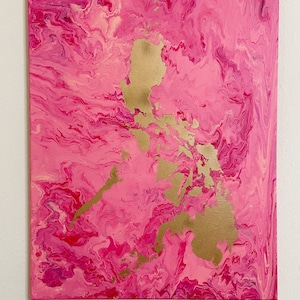 Verträumtes Meer, Goldene Philippinen Malerei in Pink 2 [Philippinische Inseln Malerei, philippinische Wandkunst, philippinische Karte Kunst]