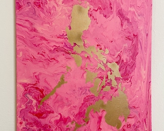 Dreamy Ocean, Golden Philippines Painting in Pink 2 [Philippine Islands Painting, Filipino Wall Art, Filipino Painting, Philippine Map Art]