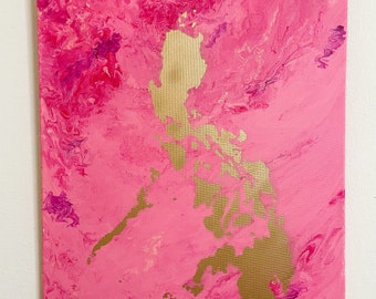 Dreamy Ocean, Golden Philippines Painting in Pink 1 [Philippine Islands Painting, Filipino Wall Art, Filipino Painting, Philippine Map Art]