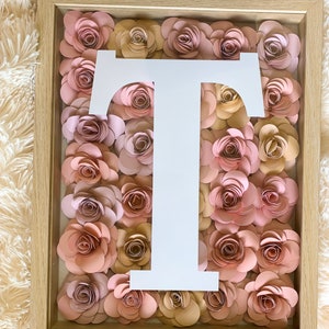 May include: A framed shadow box filled with pink and beige paper flowers, with a white letter "T" in the center.