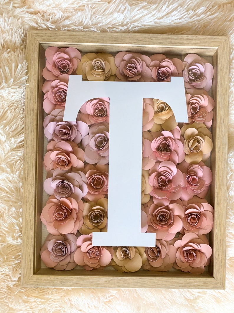 May include: A framed shadow box filled with pink and beige paper flowers, with a white letter "T" in the center.