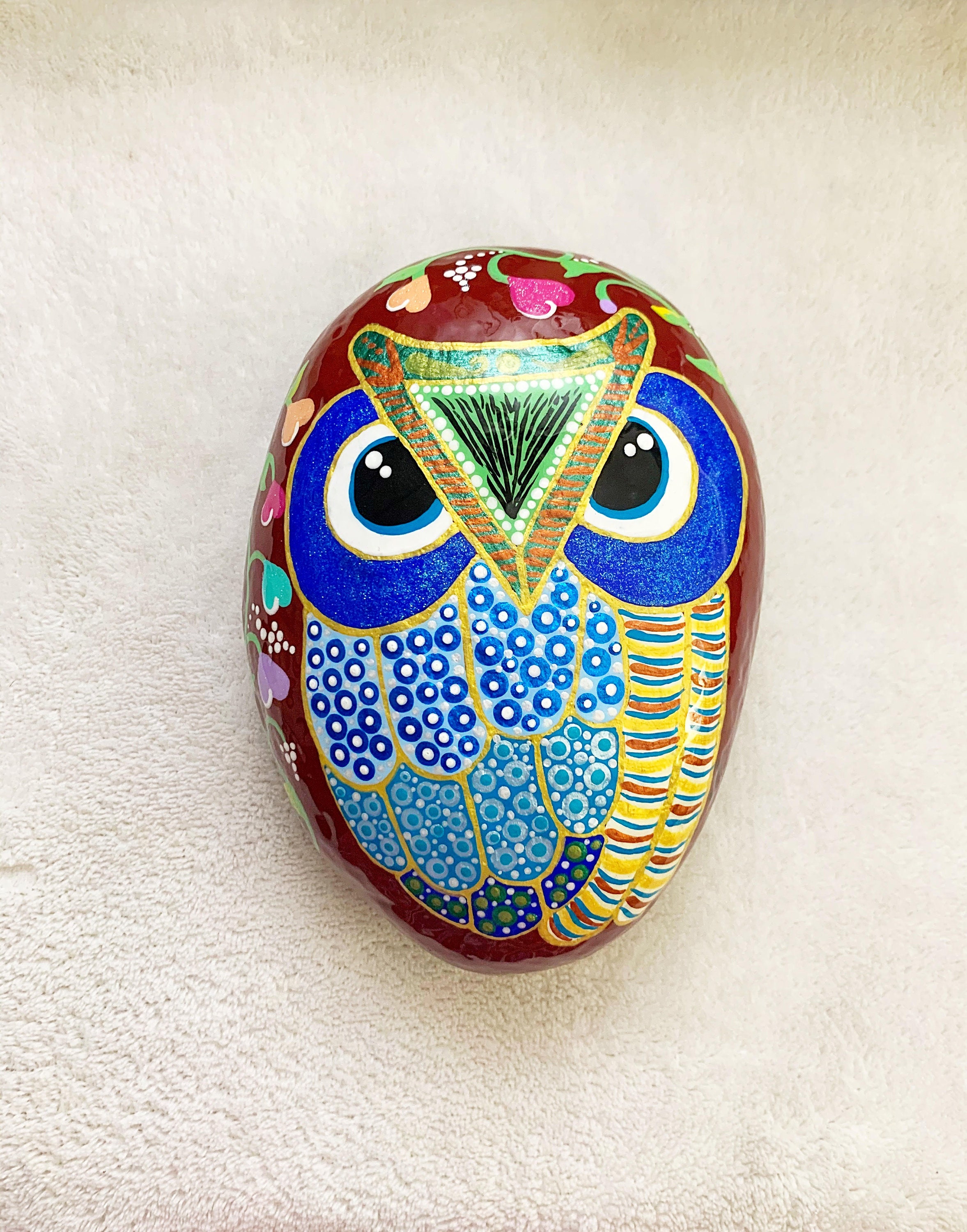 Colorful Stone Owl Painting: Large Barn Owl Decoration