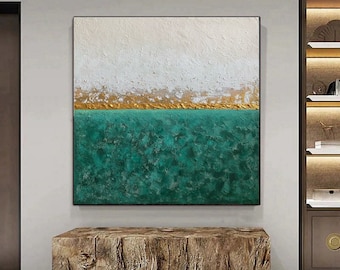 Emerald green decor, Gold leaf, Green abstract painting, Minimalist wall art, Textured painting, Handmade wall art, Oversize painting
