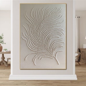 White 3d points feather, White 3d abstract rich texture, Abstract wall art original, Large painting, Monochrome wall art, Textured painting image 1