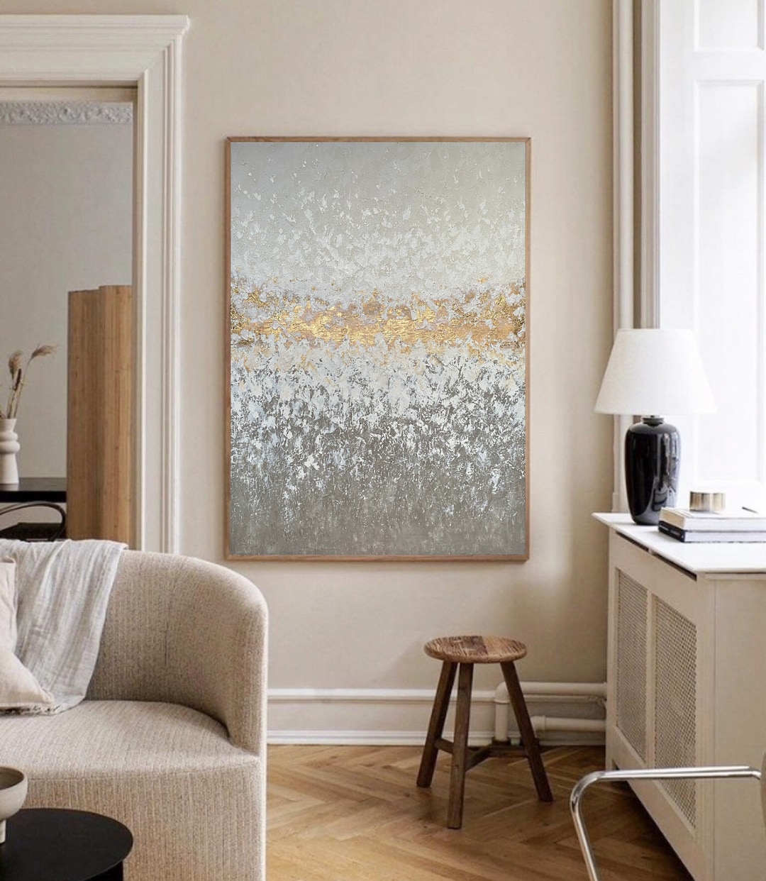 Large Oil Painting Modern Gray Artwork Textured Art Gold Leaf White ...