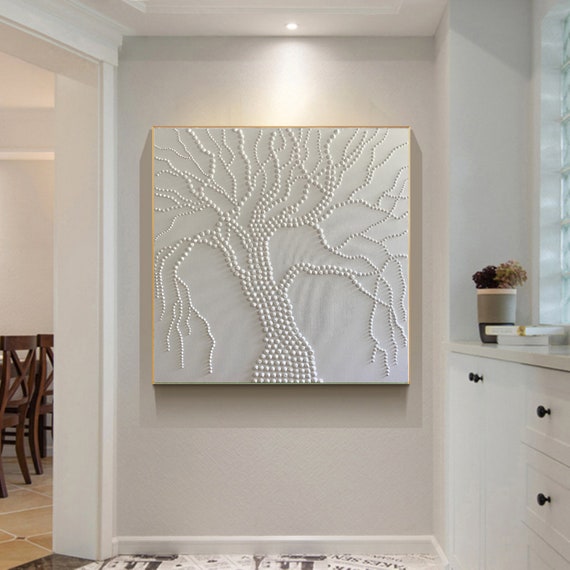 White 3d Point Textured Painting, White 3d Abstract Rich Texture, Original Tree Wall Art, Minimalist Home Decor, Large Monochrome Art, 40”