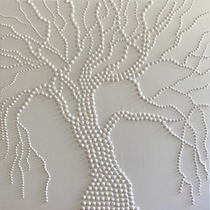 May include: White abstract painting of a tree with a thick trunk and branches made of small white circles.
