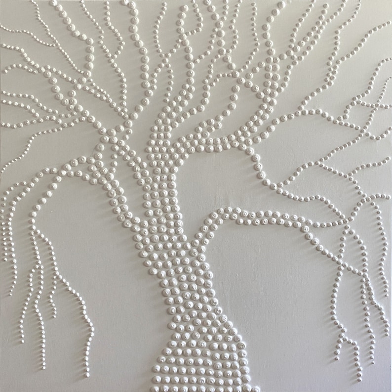 May include: White abstract painting of a tree with a thick trunk and branches made of small white circles.