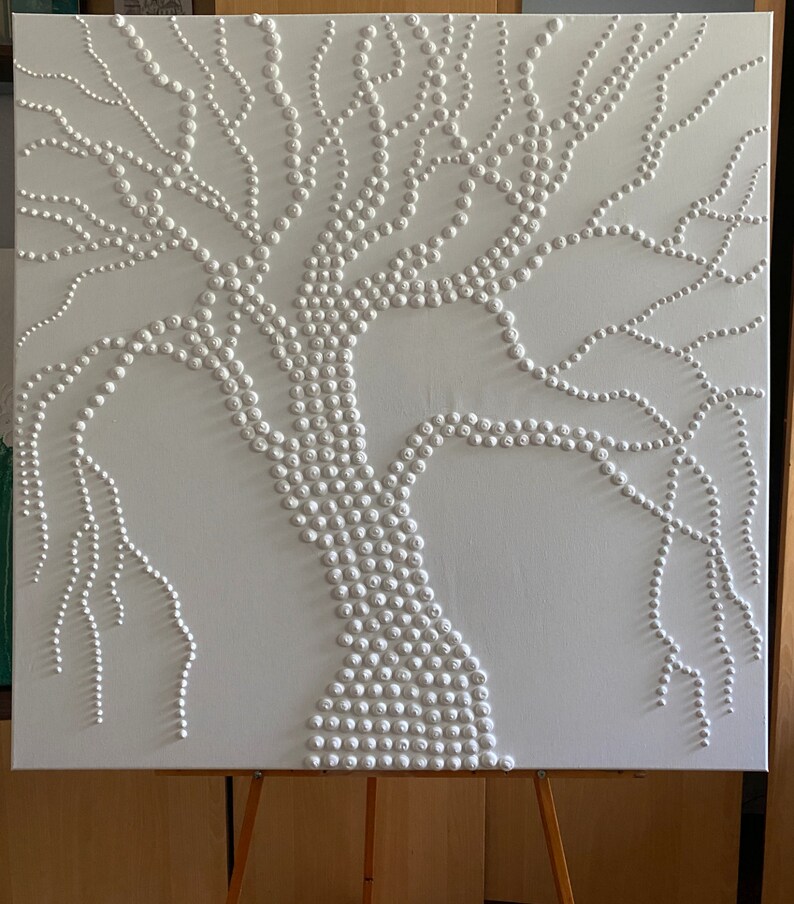 May include: White canvas painting of a tree with a thick trunk and branches made of small white circles.