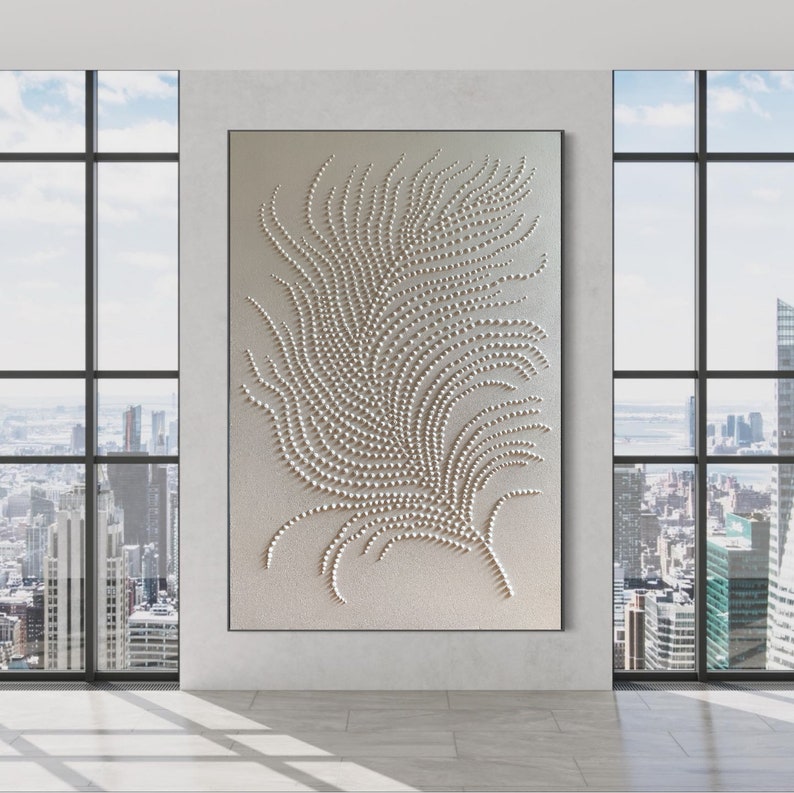 White 3d points feather, White 3d abstract rich texture, Abstract wall art original, Large painting, Monochrome wall art, Textured painting image 5