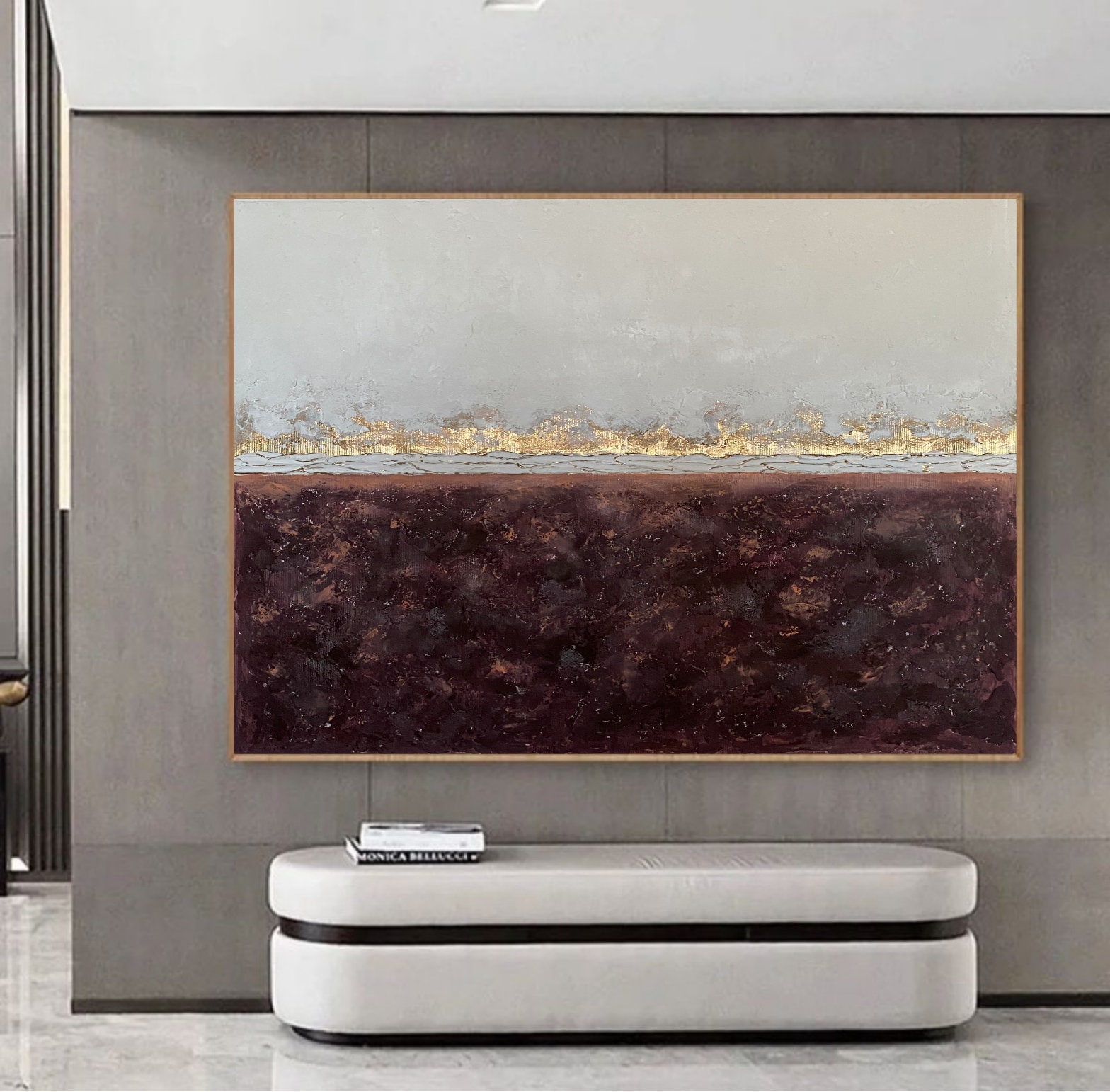Burgundy Wall Art Embellished Gold Leaf Canvas Modern Painting Living ...