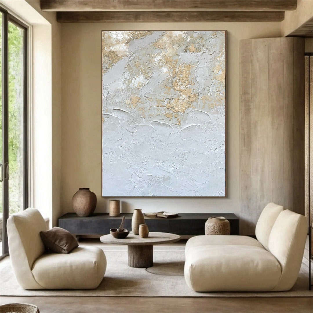 Extra Large Textured Abstract Painting White Beige Wall Art Minimalist ...