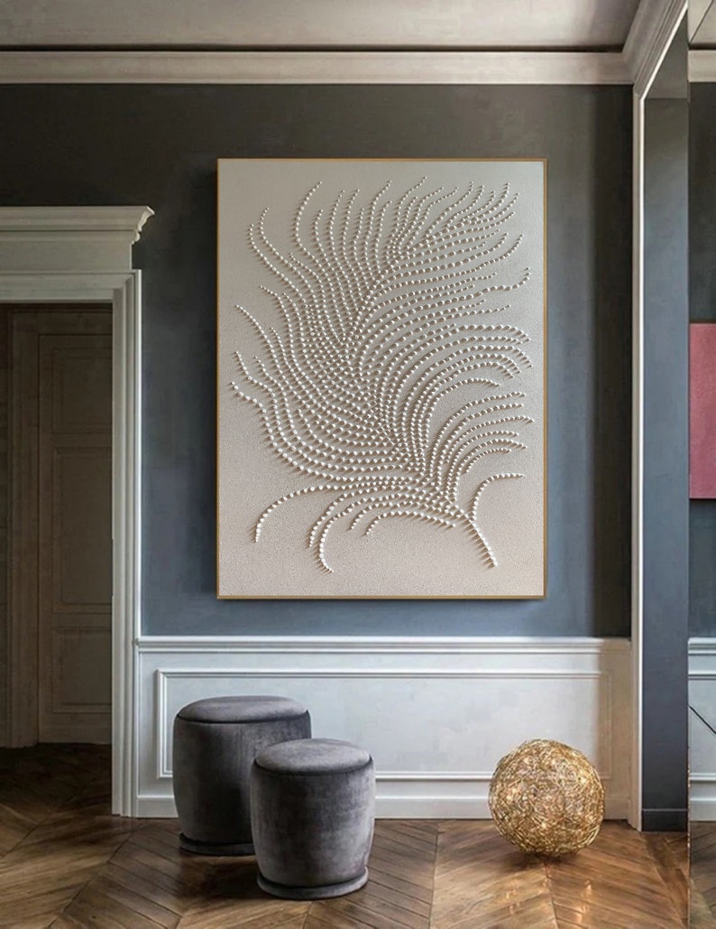 White 3d points feather, White 3d abstract rich texture, Abstract wall art original, Large painting, Monochrome wall art, Textured painting image 3