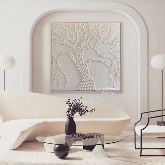 Pintura blanca Árbol de la vida Textura de punto 3d Arte de pared original  Decoración de arte de pared de árbol Ramas texturizadas Arte de pared  minimalista Decoración del hogar 