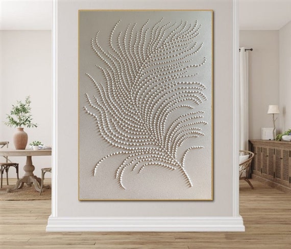 White 3d points feather, White 3d abstract rich texture, Abstract wall art original, Large painting, Monohrome wall art, Textured painting