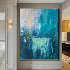 Large Abstract Blue Oil Painting Modern Artwork for Home Decor Blue Minimalism Wall Art White Abstract Oil Painting Green Canvas Painting